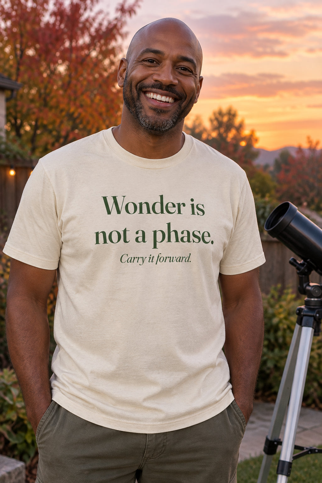 Wonder is not a phase. unisex organic cotton tee in Natural, front
