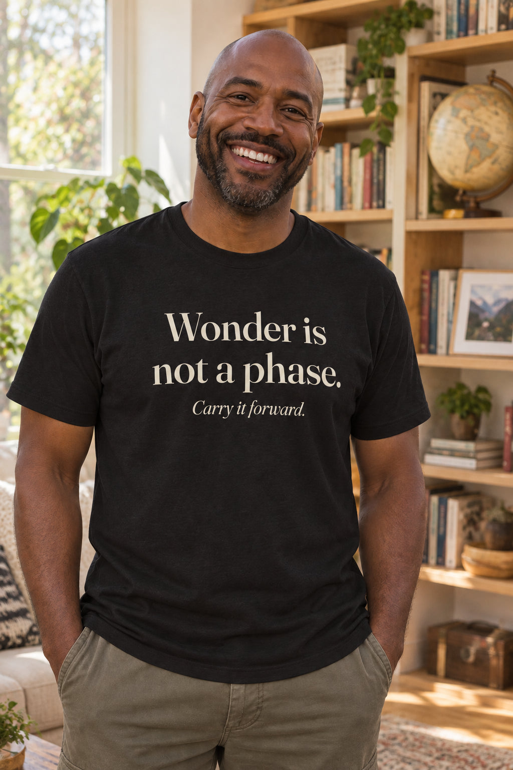 Wonder is not a phase. unisex organic cotton tee in Night, front