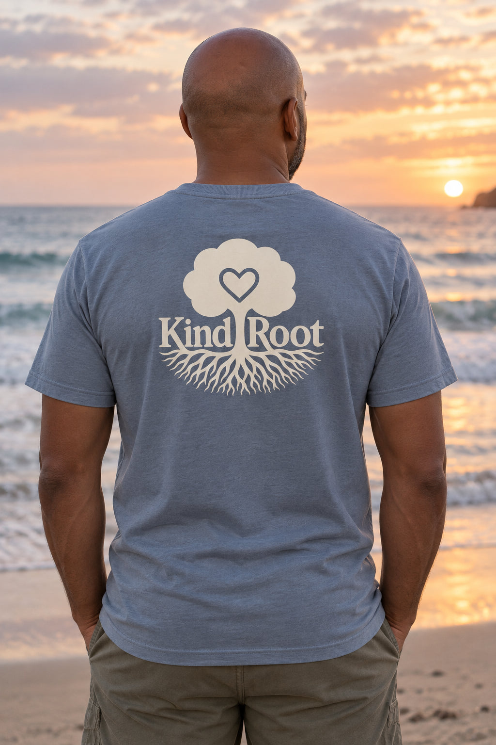 KindRoot logo on the back of the Slate unisex organic cotton tee