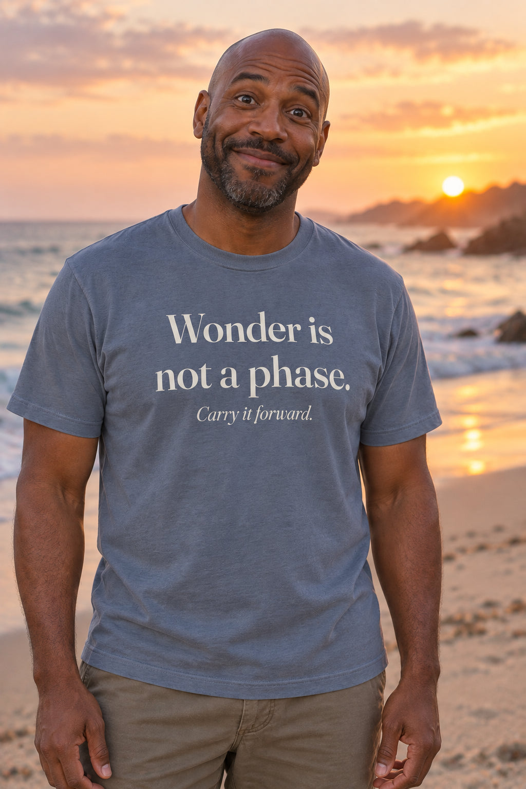 Wonder is not a phase. unisex organic cotton tee in Slate, front