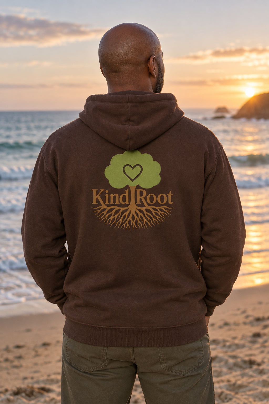 KindRoot logo on the back of the Bark unisex organic cotton hoodie