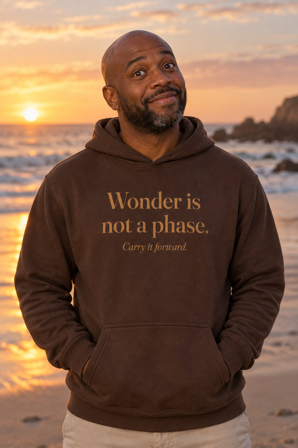 Wonder is not a phase. unisex organic cotton hoodie in Bark, front