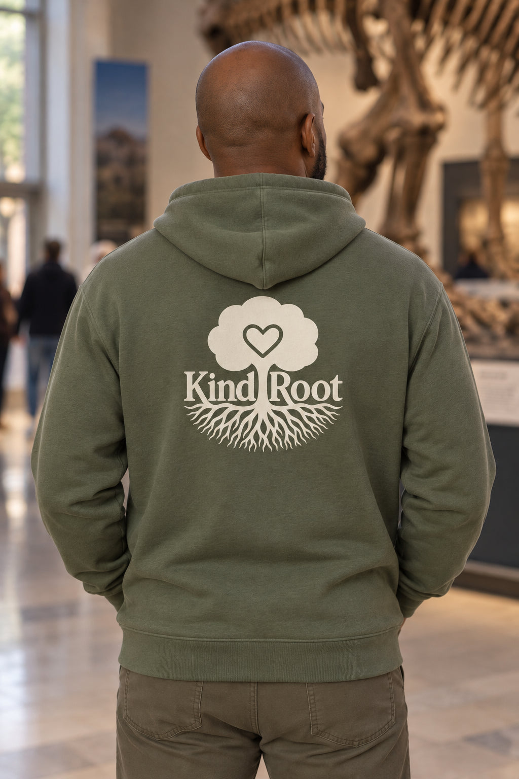 KindRoot logo on the back of the Moss unisex organic cotton hoodie