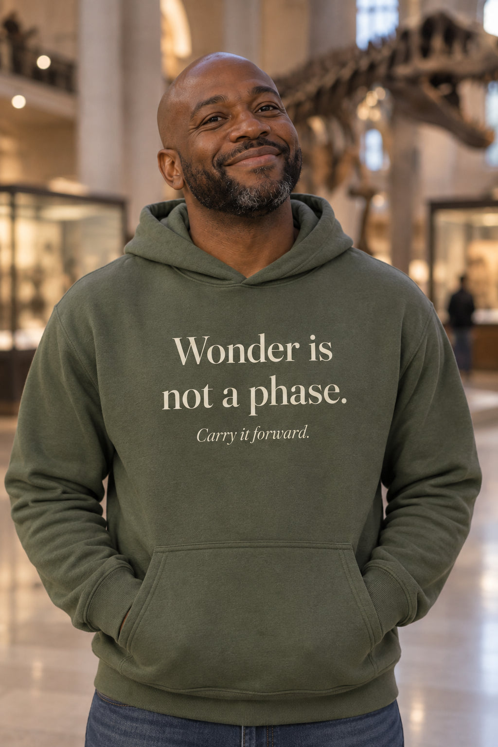 Wonder is not a phase. unisex organic cotton hoodie in Moss, front