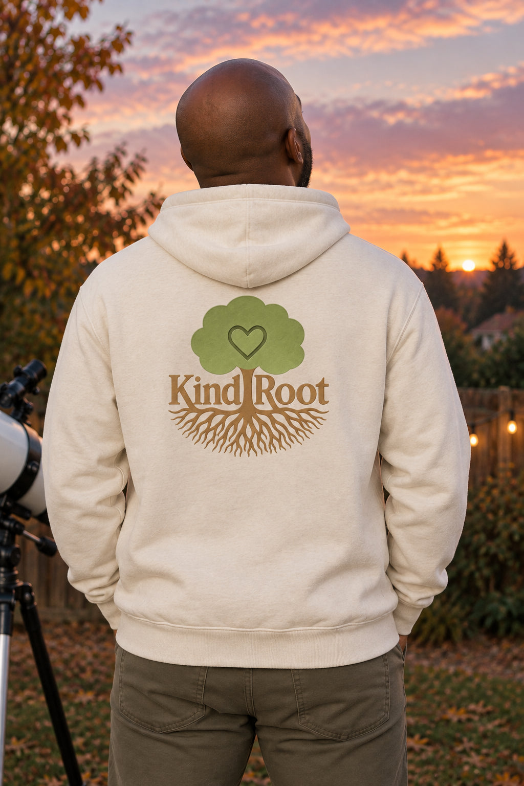 KindRoot logo on the back of the Natural unisex organic cotton hoodie
