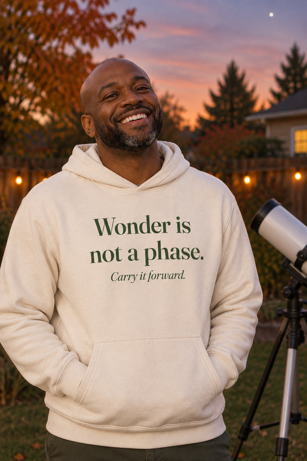 Wonder is not a phase. unisex organic cotton hoodie in Natural, front