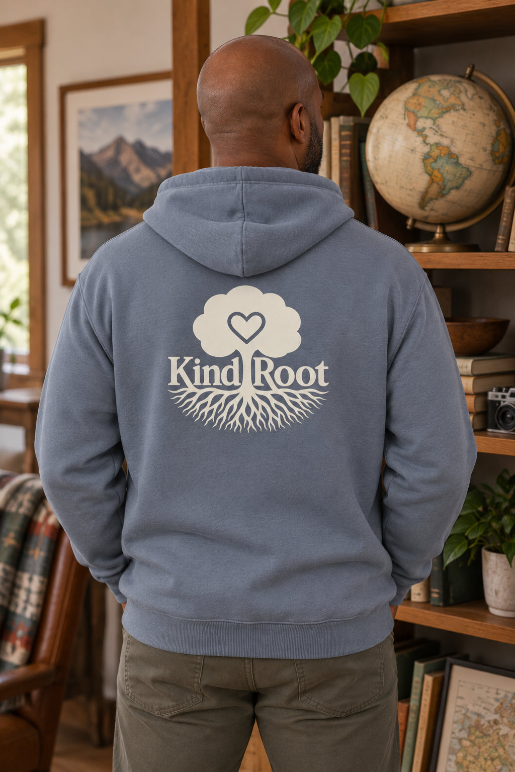 KindRoot logo on the back of the Slate unisex organic cotton hoodie