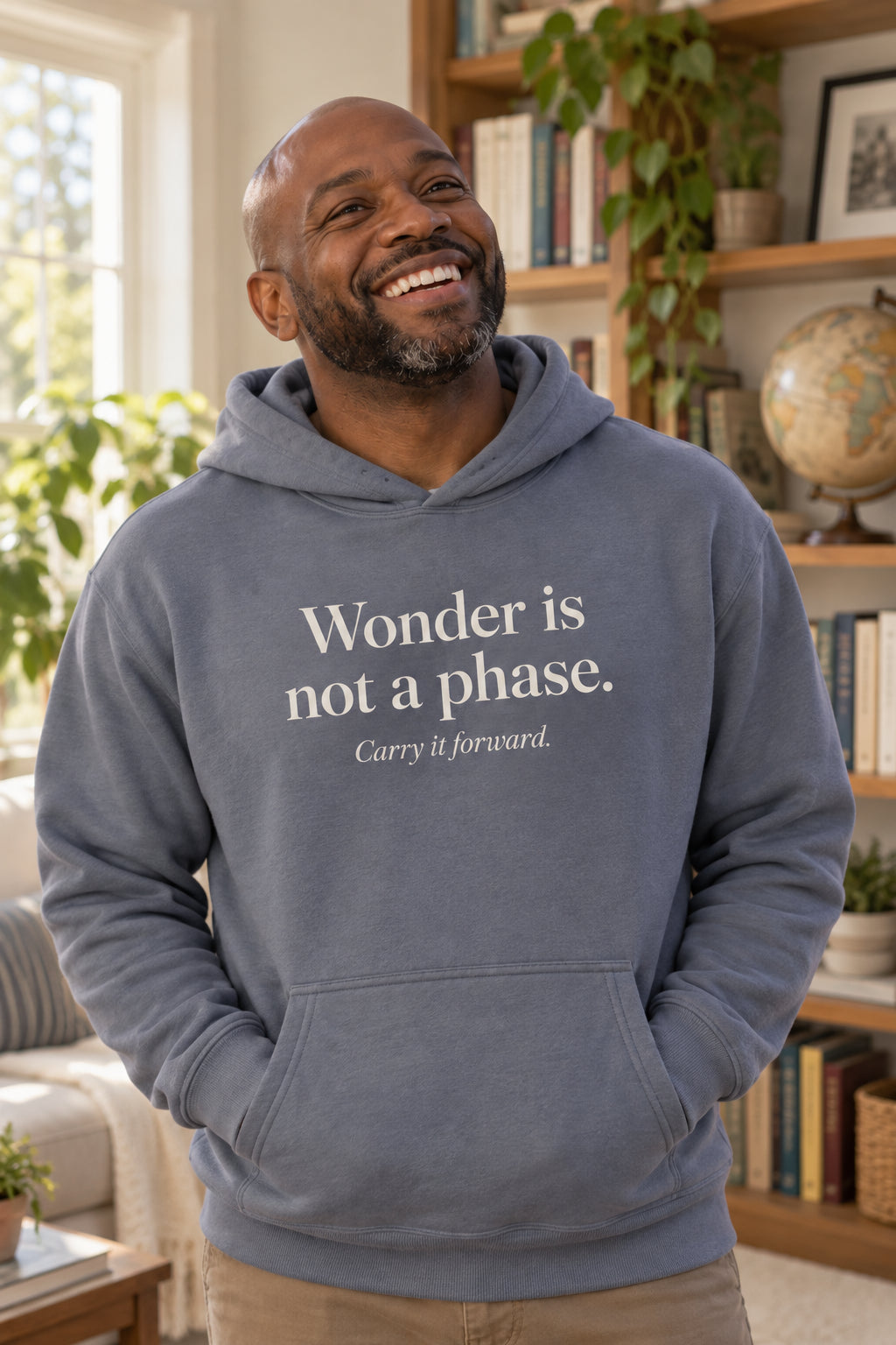 Wonder is not a phase. unisex organic cotton hoodie in Slate, front