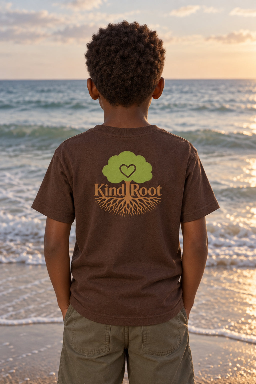KindRoot logo on the back of the Bark kids organic cotton tee
