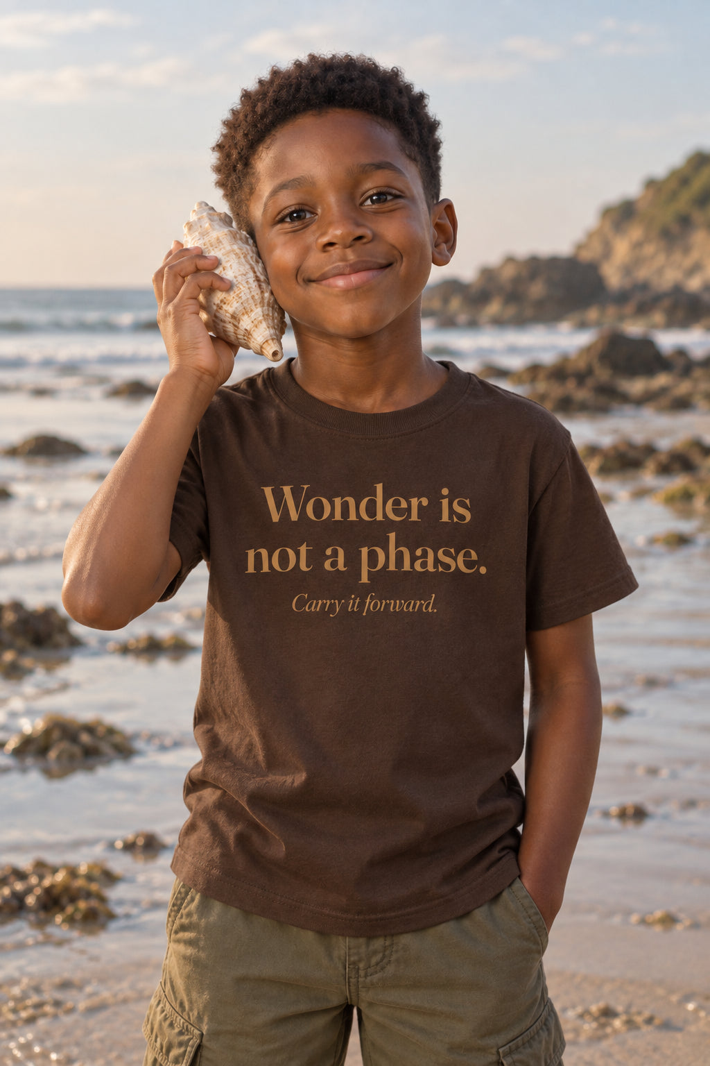 Wonder is not a phase. kids organic cotton tee in Bark, front