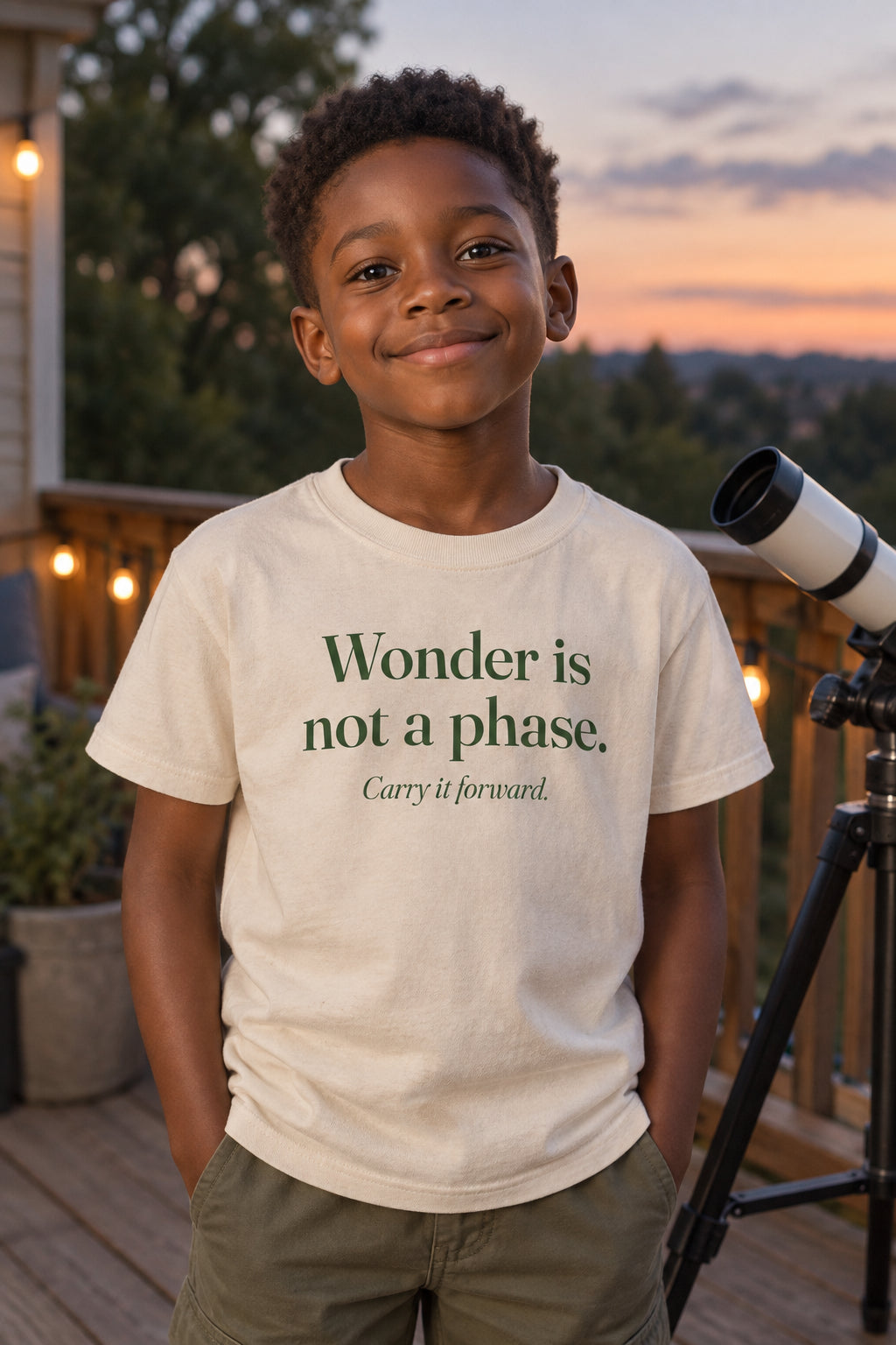 Wonder is not a phase. kids organic cotton tee in Natural, front
