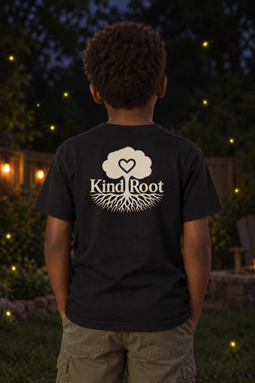 KindRoot logo on the back of the Night kids organic cotton tee