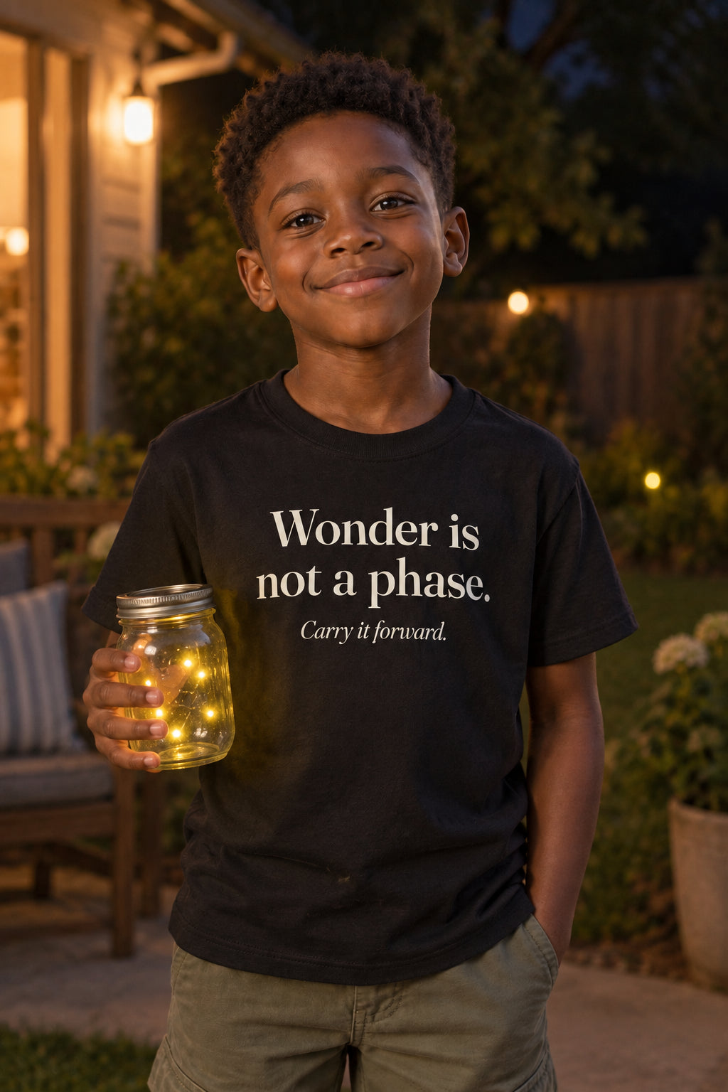 Wonder is not a phase. kids organic cotton tee in Night, front
